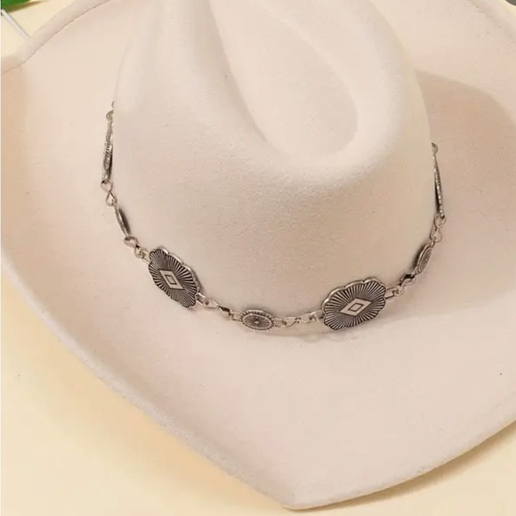 SOLD Cowgirl Boho adorned hat w/a silver concho band one size/elastic inner band - Picture 2 of 5